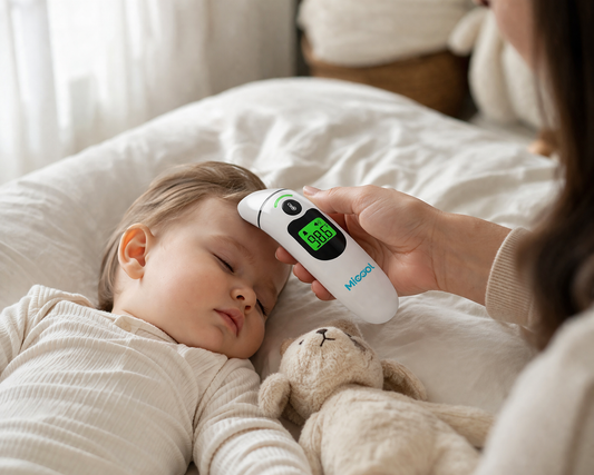 Child lying down with a teddy bear, while a person measures their temperature with a digital thermometer.