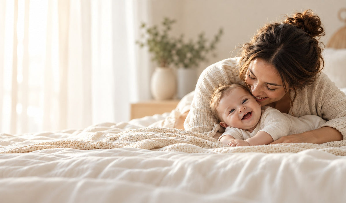 Smiling mother cuddling her happy baby